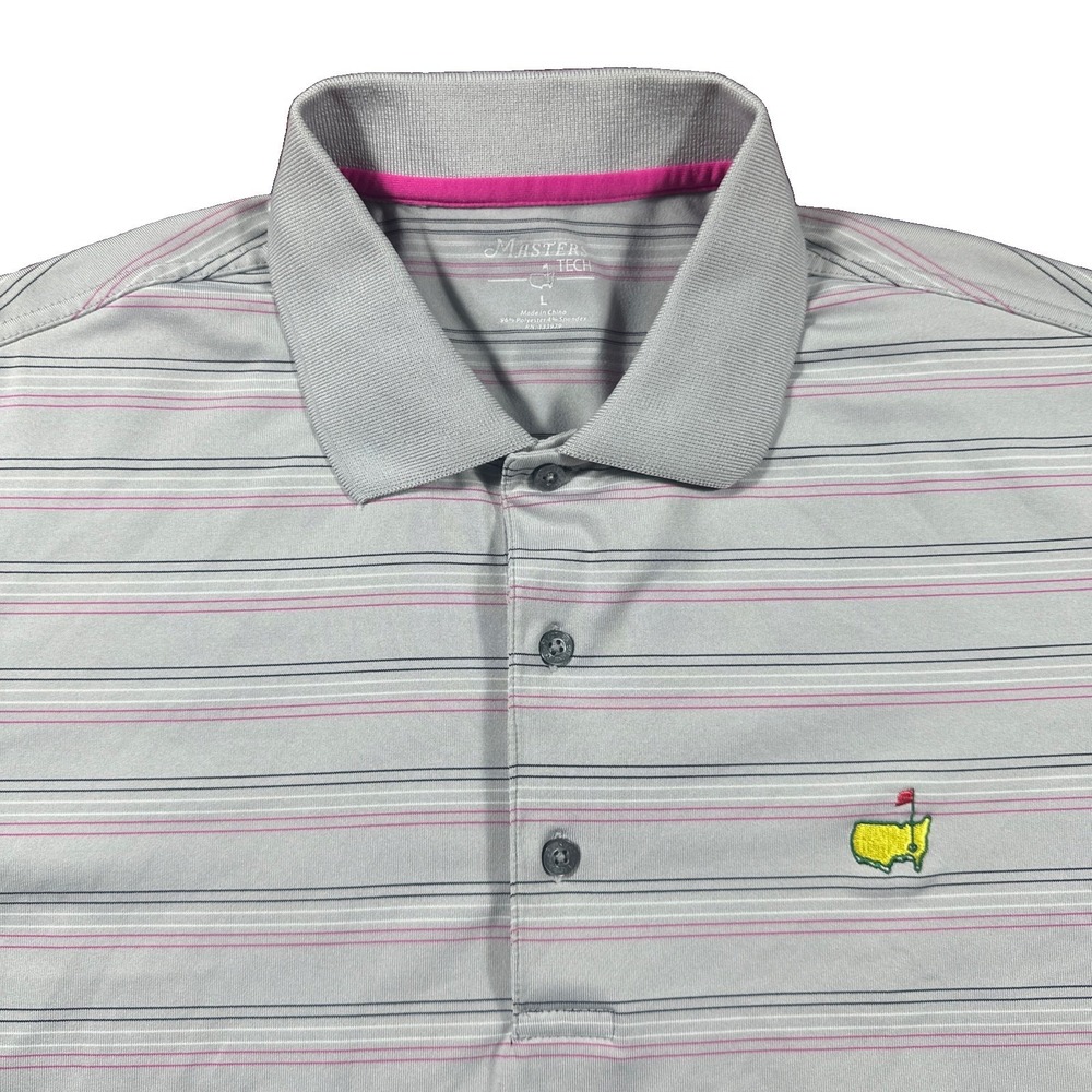 Masters Tech Polo Shirt‎ Mens L Gray-Pink Stripe Performance Golf Augusta